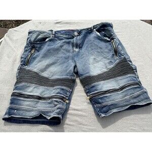 VTG DEMOLITION Mens Size W44 Jean Moto Biker Shorts Double-Zip Denim Bermuda